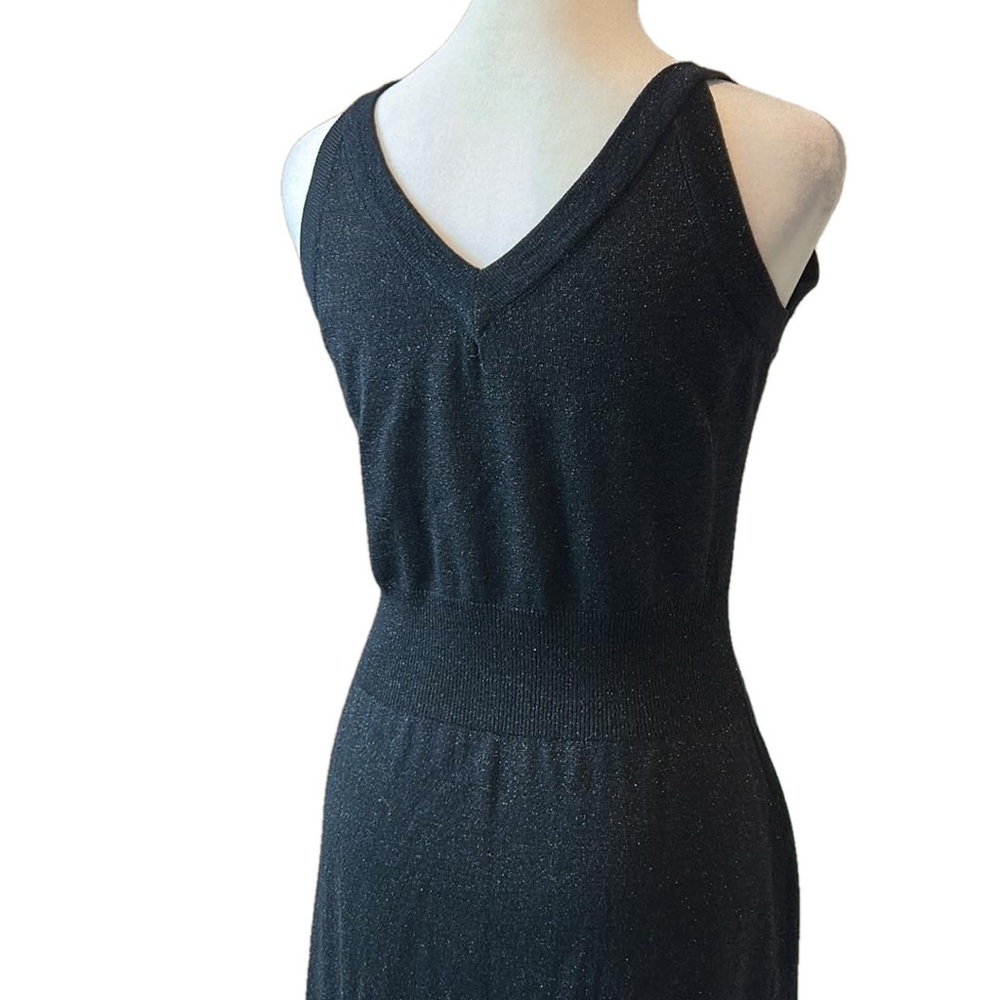 Vintage Black Wool Blend Metallic Double V Neck Tank Maxi Dress Defined Waist S - Picture 8 of 9